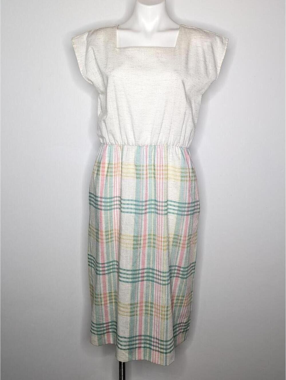 Vintage Off White Pink Green Yellow Plaid Woven Square Neck Midi Dress 14